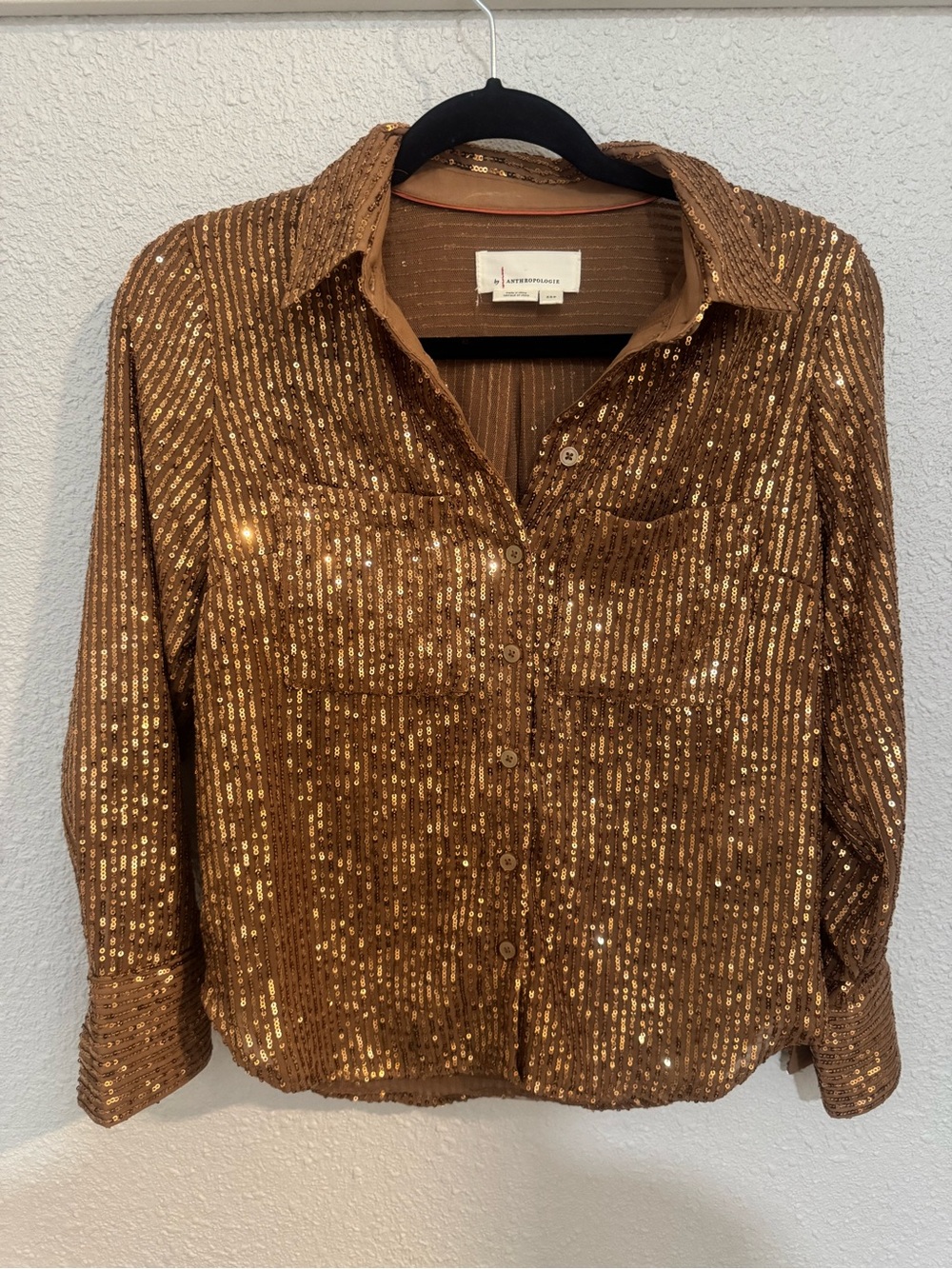 Anthropologie Copper Sequin Button-Up Shirt
